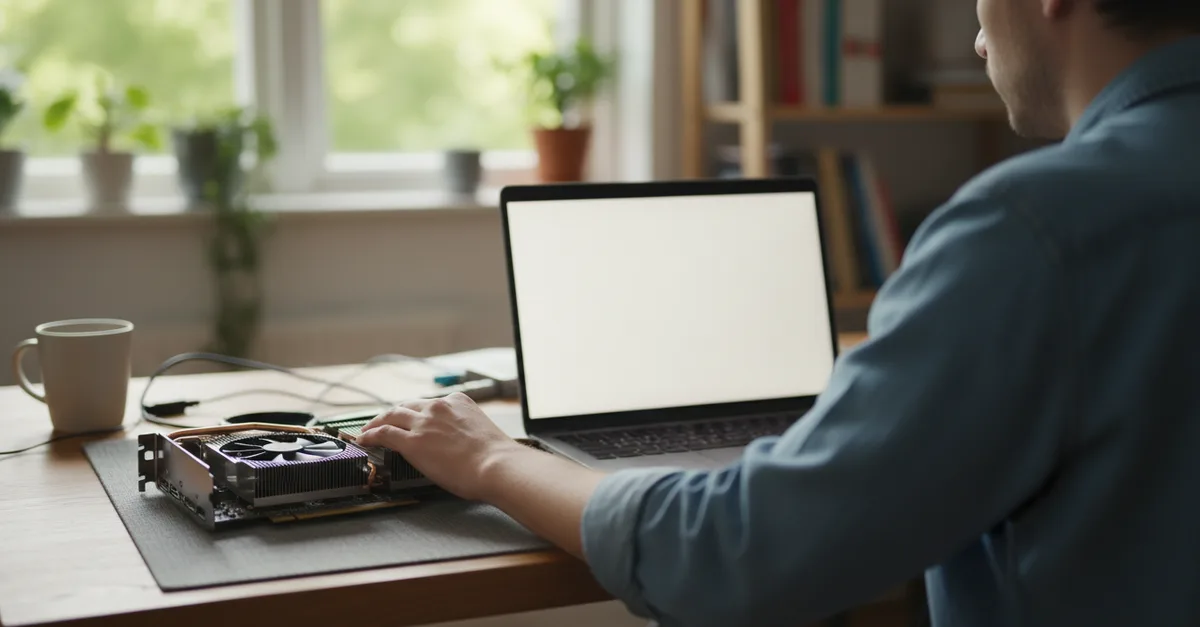Laptop and a bare graphics card on a developer’s desk